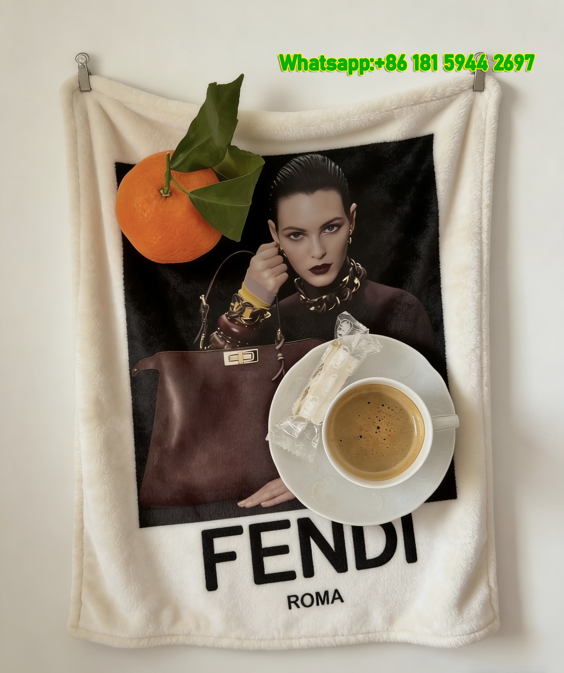Fendi Burgundy & Orange Coffee Magazine Collage Flannel Throw Blanket IMG_9481